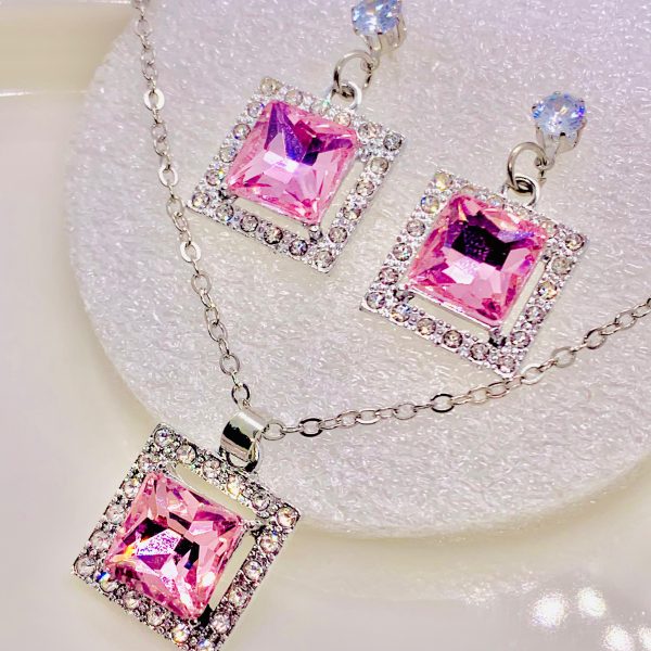 Pink Square Stone Necklace Set