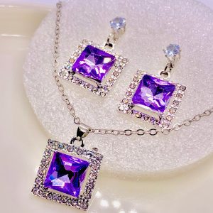 Purple Square Stone Necklace Set