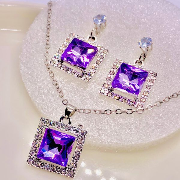 Purple Square Stone Necklace Set